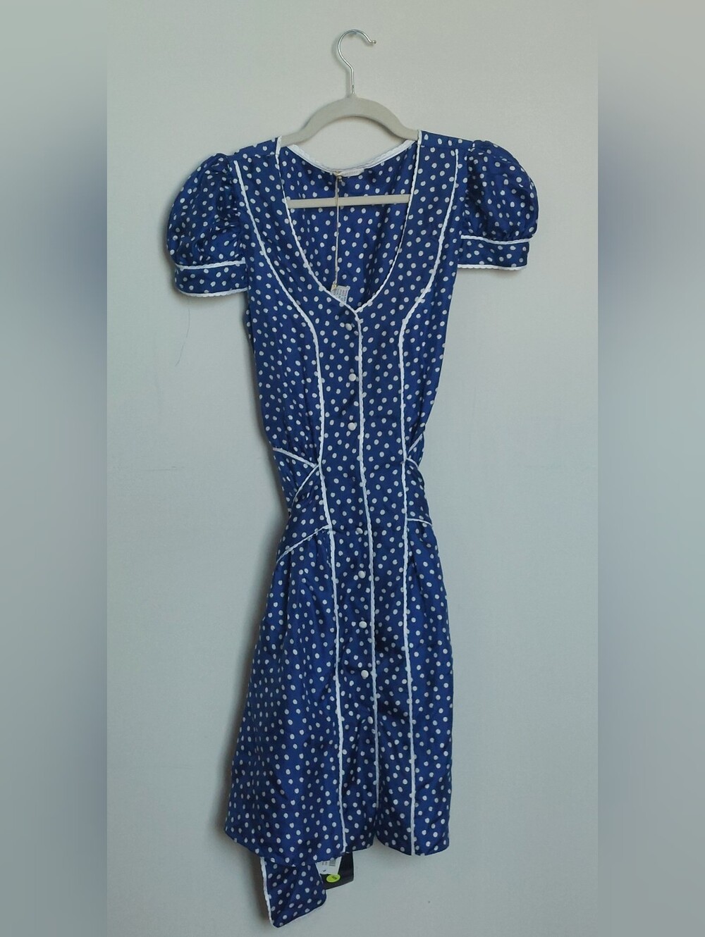 100% Silk Rusamosario Blue Polka Dot Puff-Sleeve Day Dress Size Medium